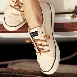Sperry Canvas Sneakers Sz 9 Women Pier View Casual Low Top Beige Spring Summer